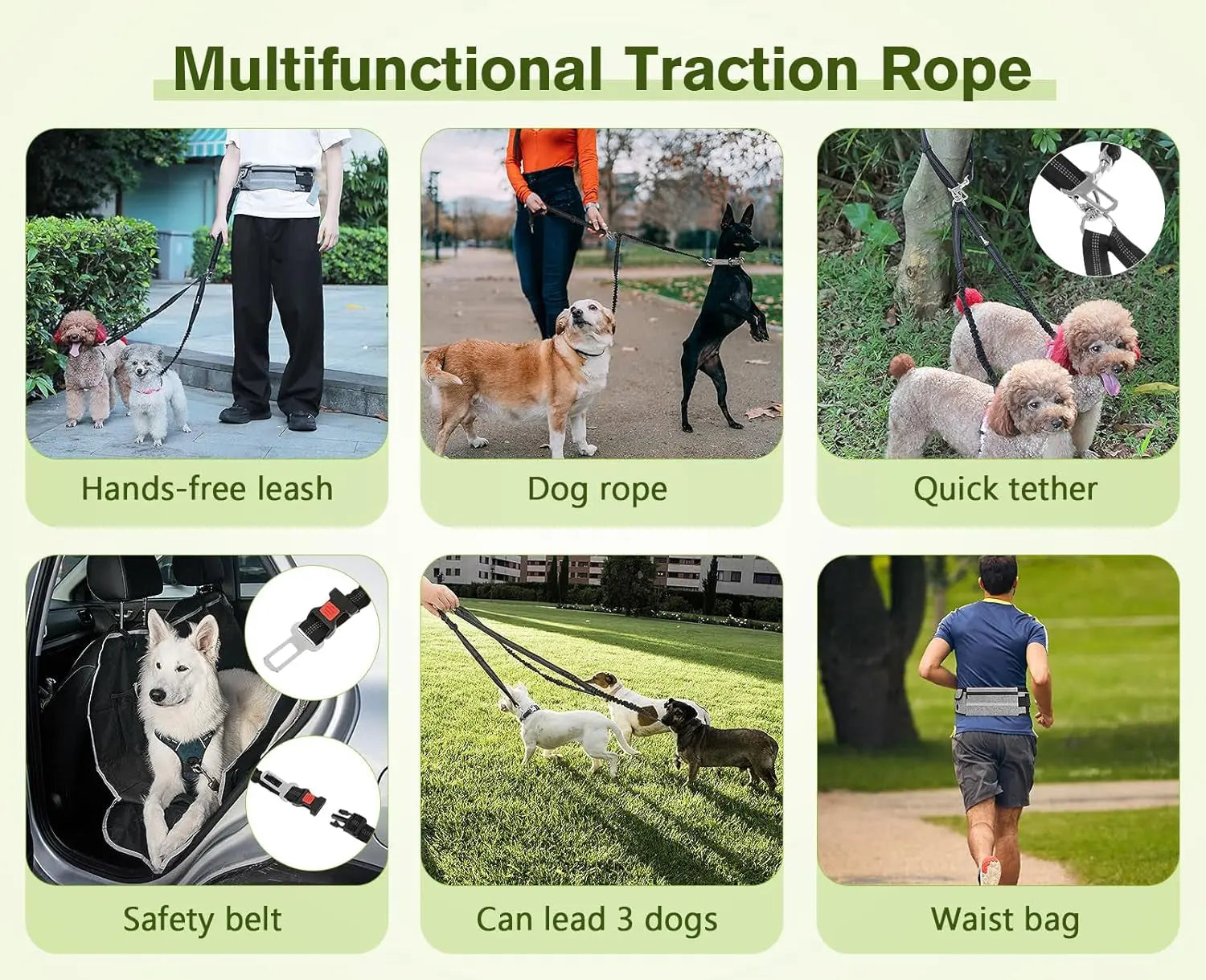 Hands Free Dog Leash Dual Bungee Adjustable Waist Belt Running Walking